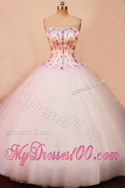 Exclusive Strapless Embroidery on White Tulle Quinceanera Dress