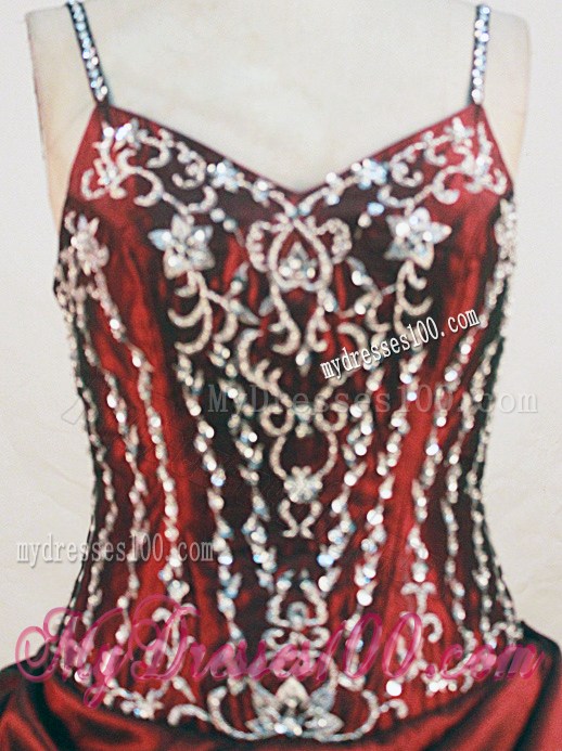 Straps Wine Red Appliques and Rhinestones Decorate Dresses 15 with Pick-ups