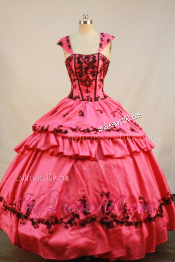 Watermelon Red Cap Sleeves Appliques Decorate Quinceanera Gown with Back Out