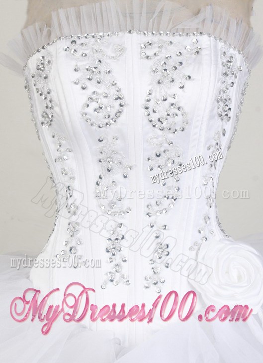 Beading and Flower Decorate Waist Ruffled White Quinceanera Dresses