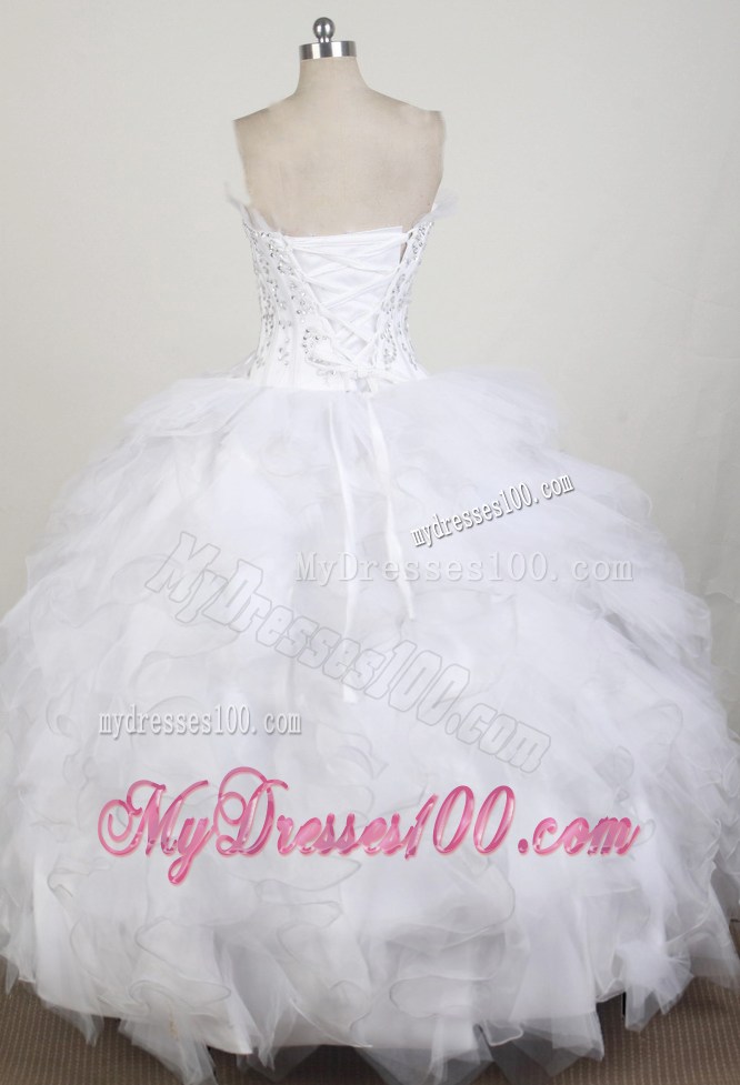 Beading and Flower Decorate Waist Ruffled White Quinceanera Dresses