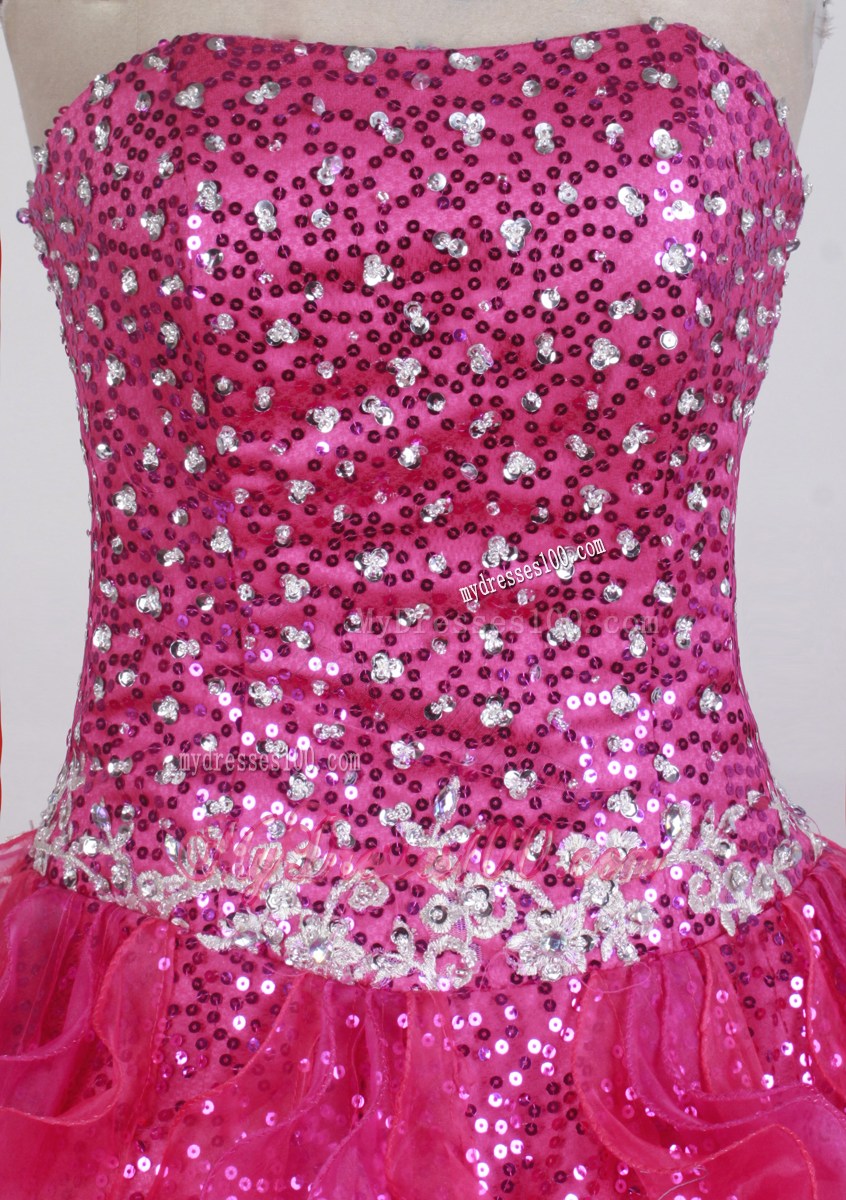 Hot pink Strapless Strapless Sequins Appliques Quinceanera Gowns Summer