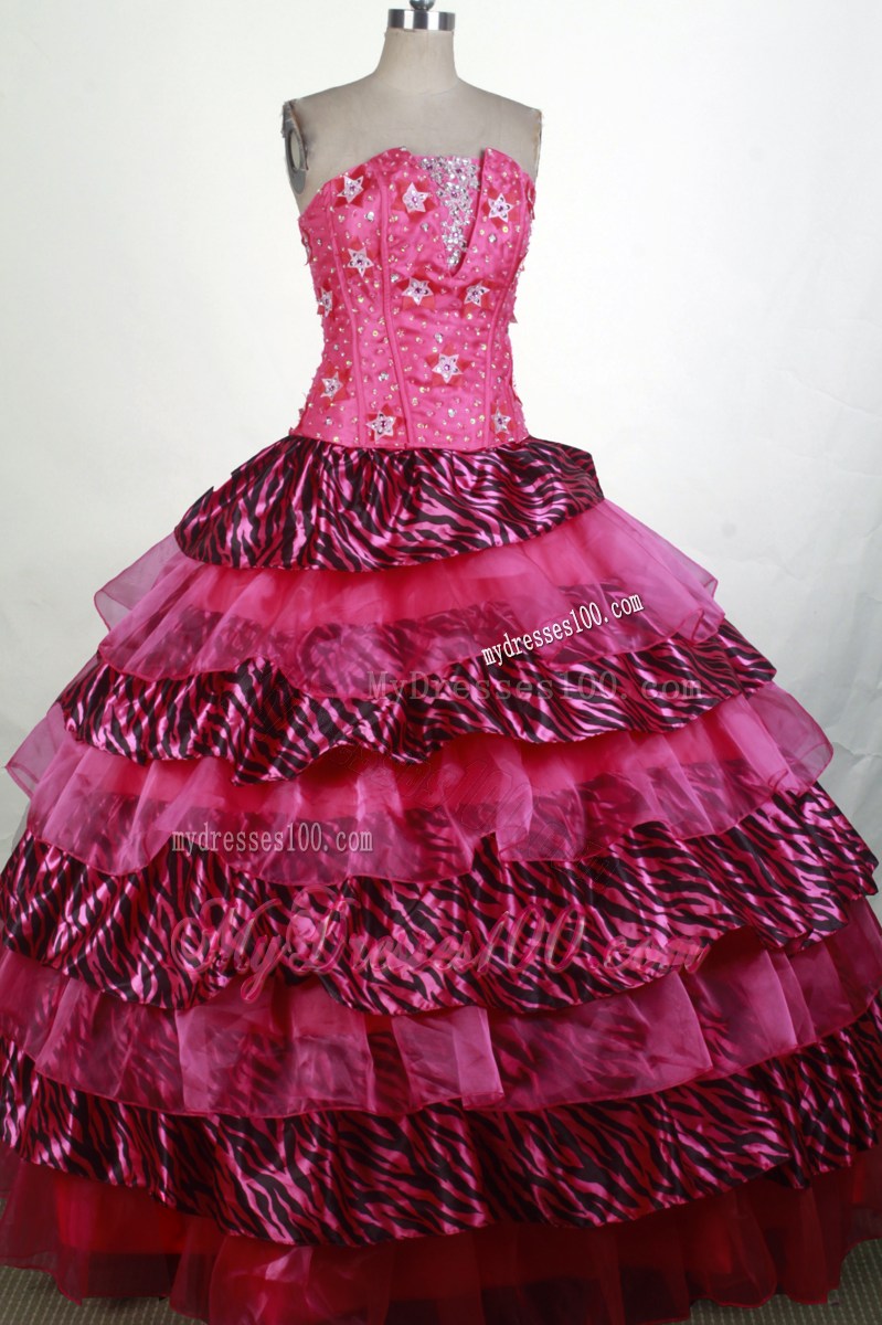 Unique Beading Strapless Leopard Print Hot pink 2013 Quinceanera Dress