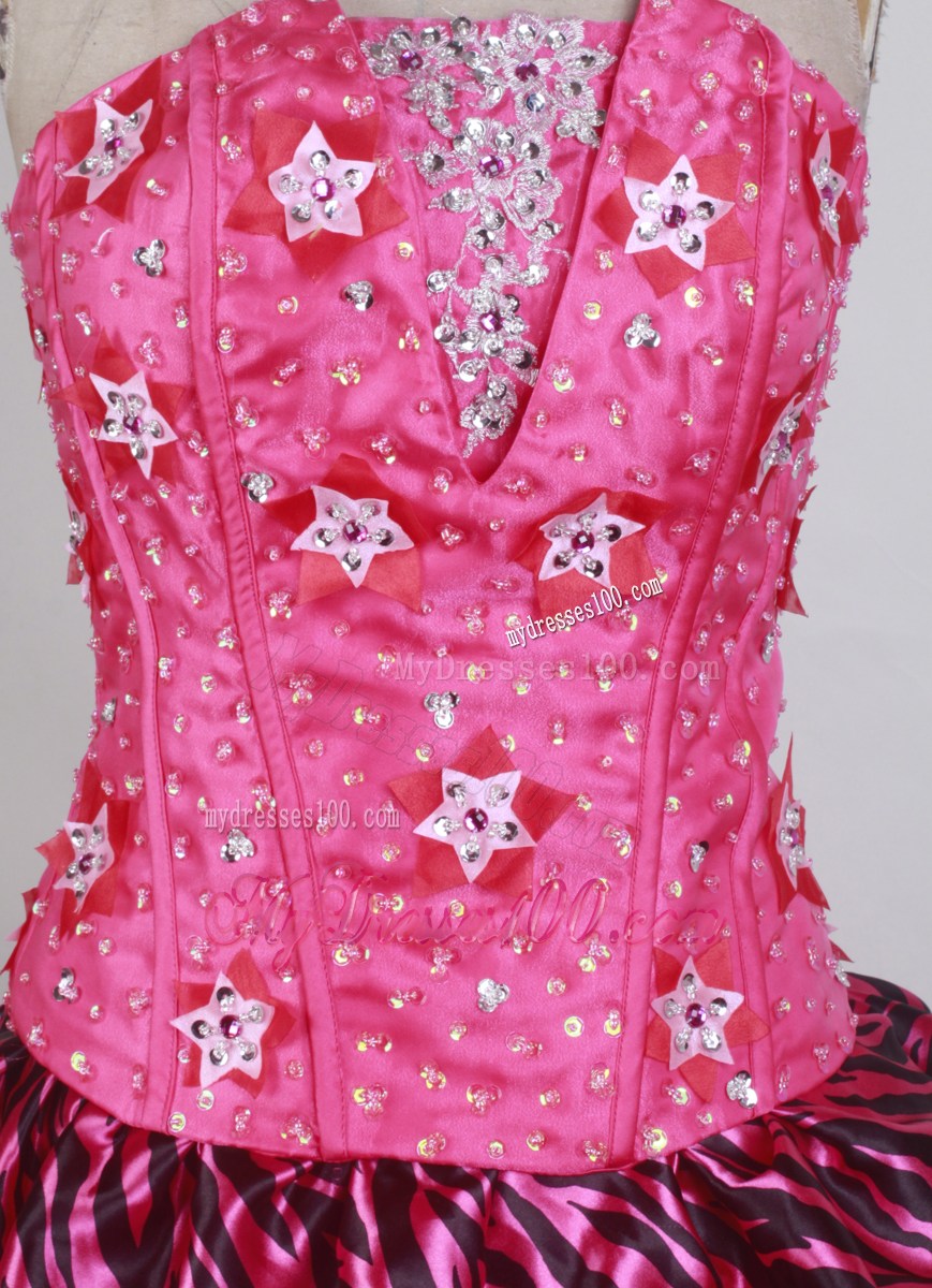 Unique Beading Strapless Leopard Print Hot pink 2013 Quinceanera Dress