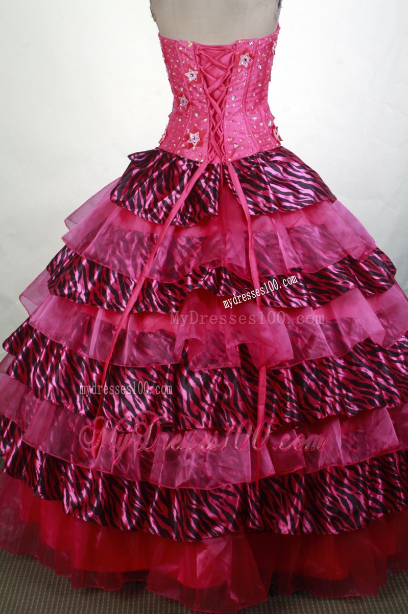 Unique Beading Strapless Leopard Print Hot pink 2013 Quinceanera Dress