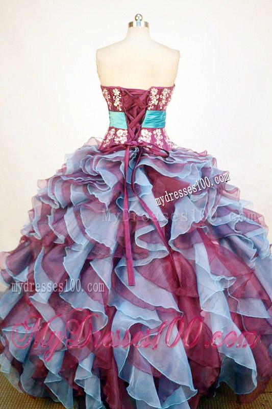 Appliques Ruffles Dark Red Quinceanera Dress with Turquoise Bowknot