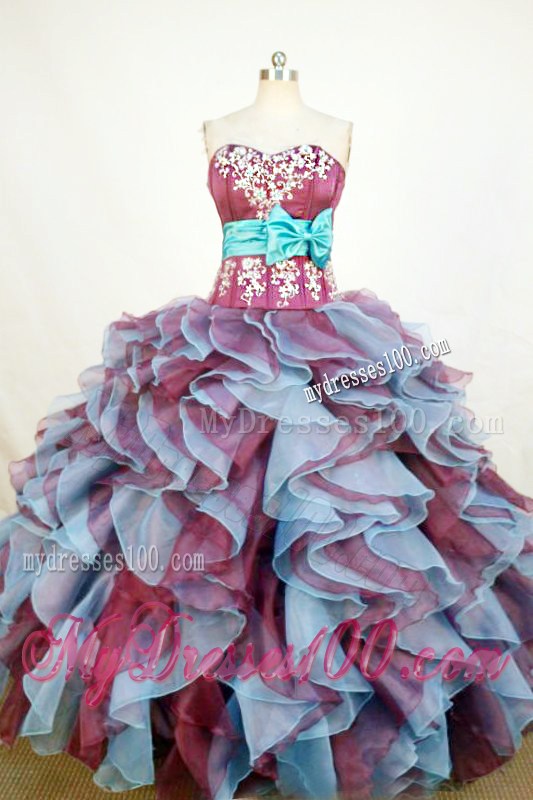 Appliques Ruffles Dark Red Quinceanera Dress with Turquoise Bowknot