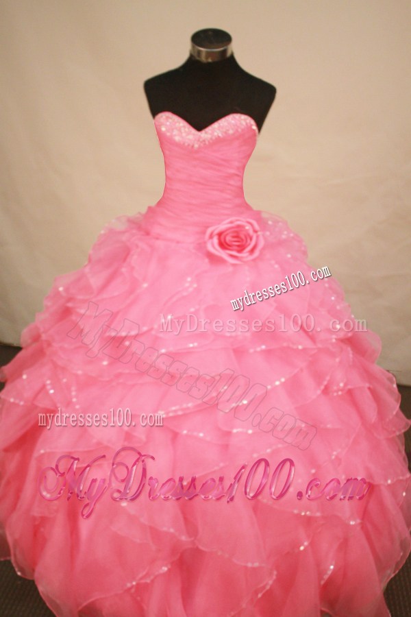 Flickered Hemline Ruffles Handle-made Flower Quinceanera Dress Rose Pink