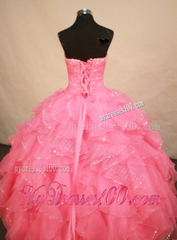 Flickered Hemline Ruffles Handle-made Flower Quinceanera Dress Rose Pink