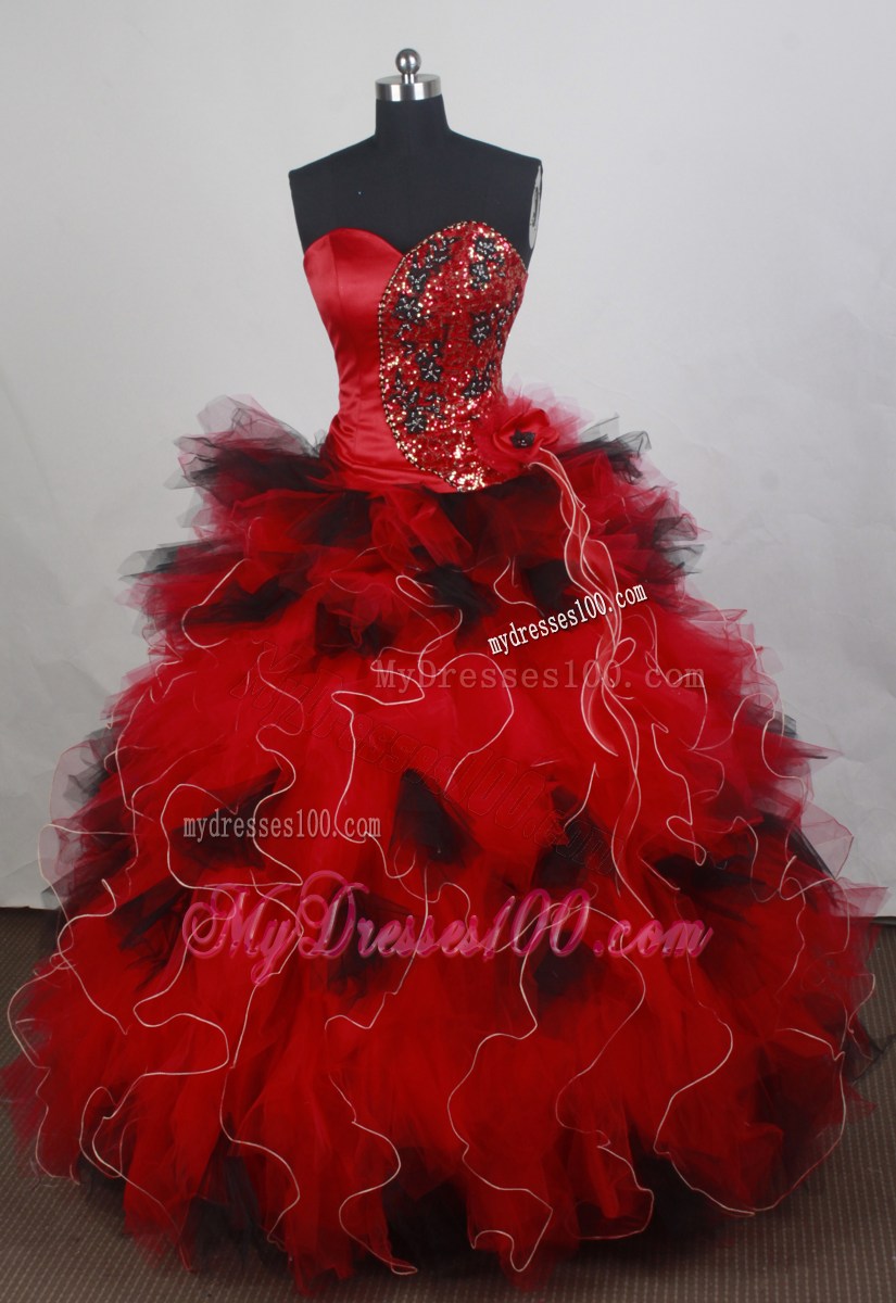Shinning Black and Red Quinceanera Dress with Sequins and Ruffles