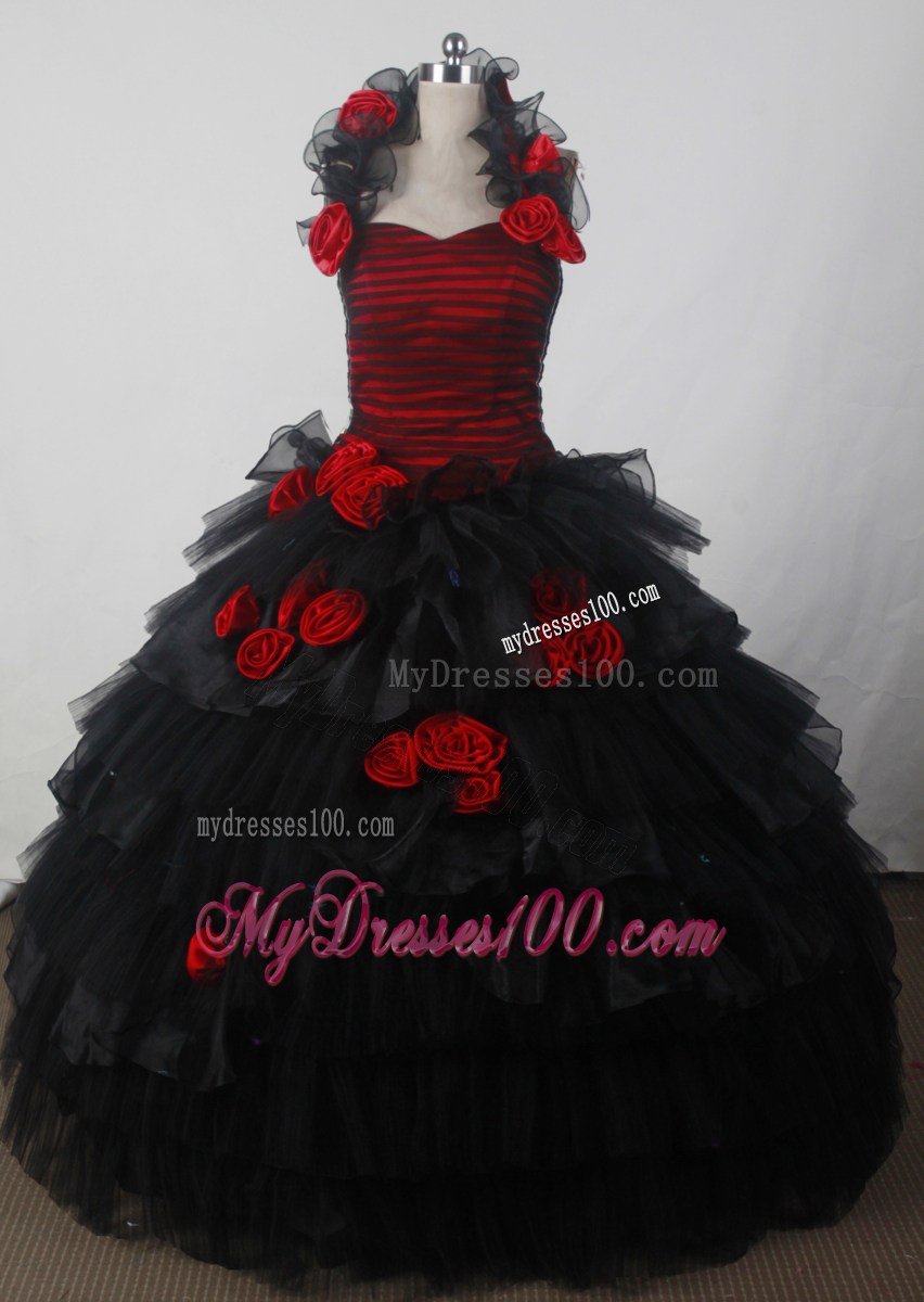 Halter Flowers and Strips Layers Quinceanera Dress in Black and Red