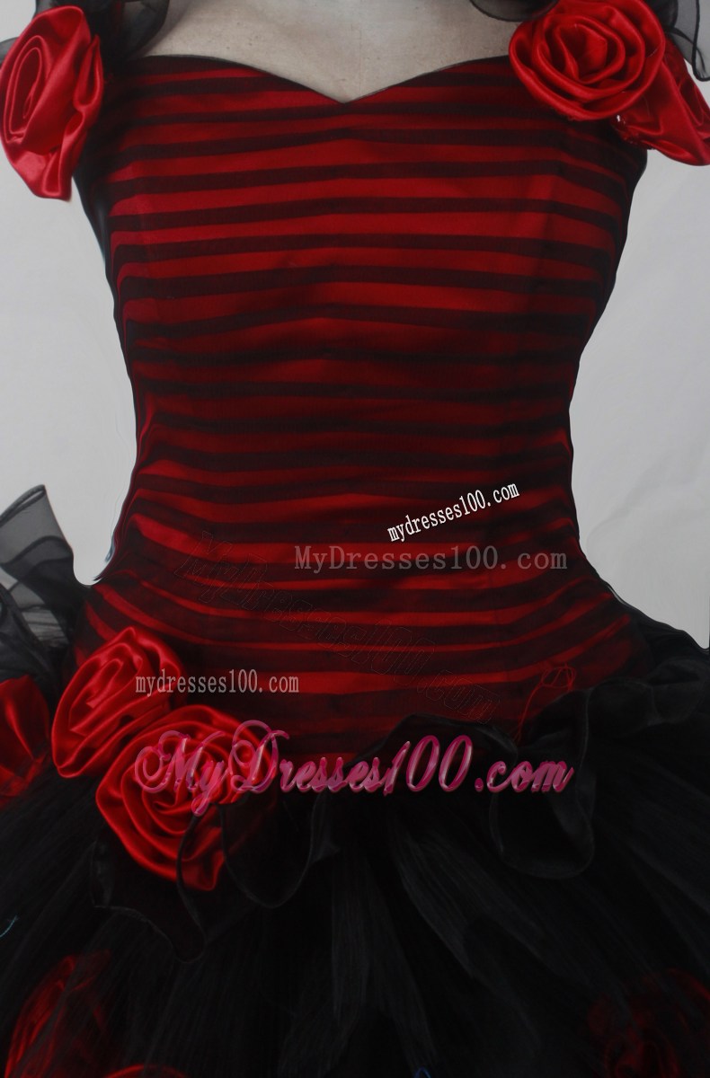 Halter Flowers and Strips Layers Quinceanera Dress in Black and Red