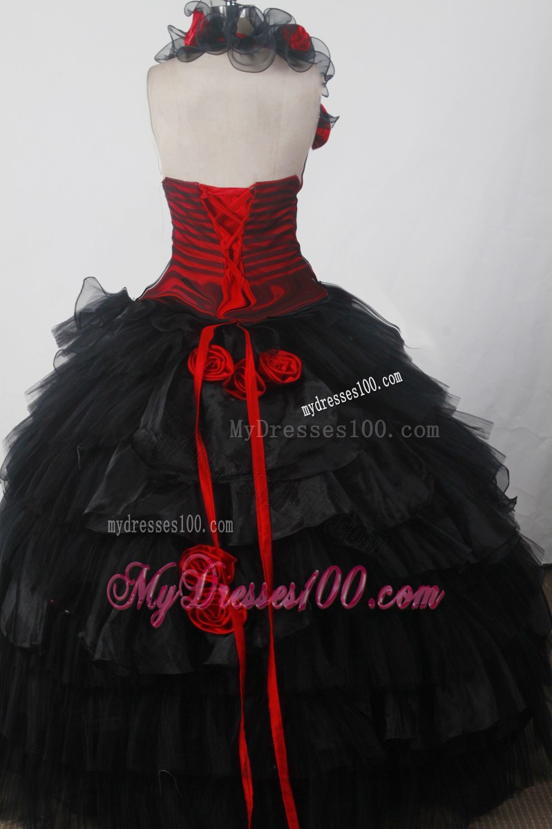 Halter Flowers and Strips Layers Quinceanera Dress in Black and Red