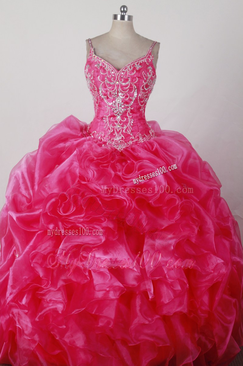 Embroidery Ruffles Straps Dress for Quinceanera in Hot Pink