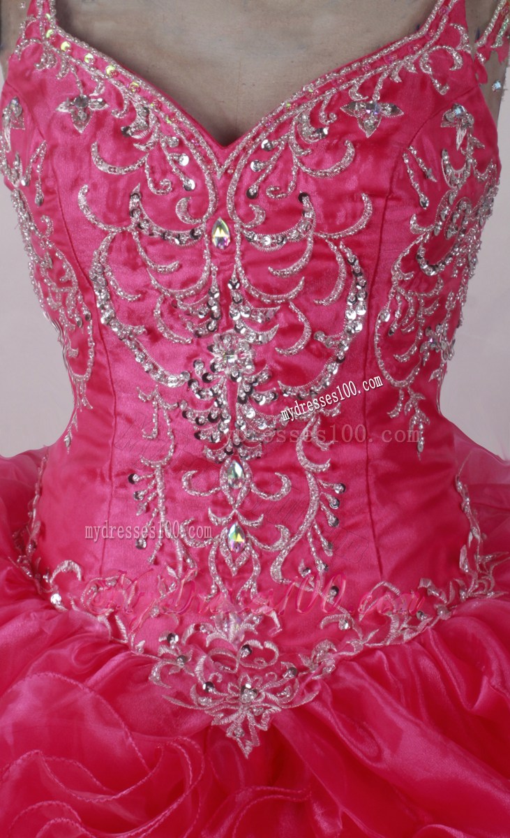 Embroidery Ruffles Straps Dress for Quinceanera in Hot Pink