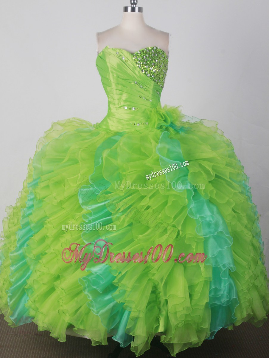 Two-toned Green Quinceanera Dress with Diagonal Ruches and Ruffles