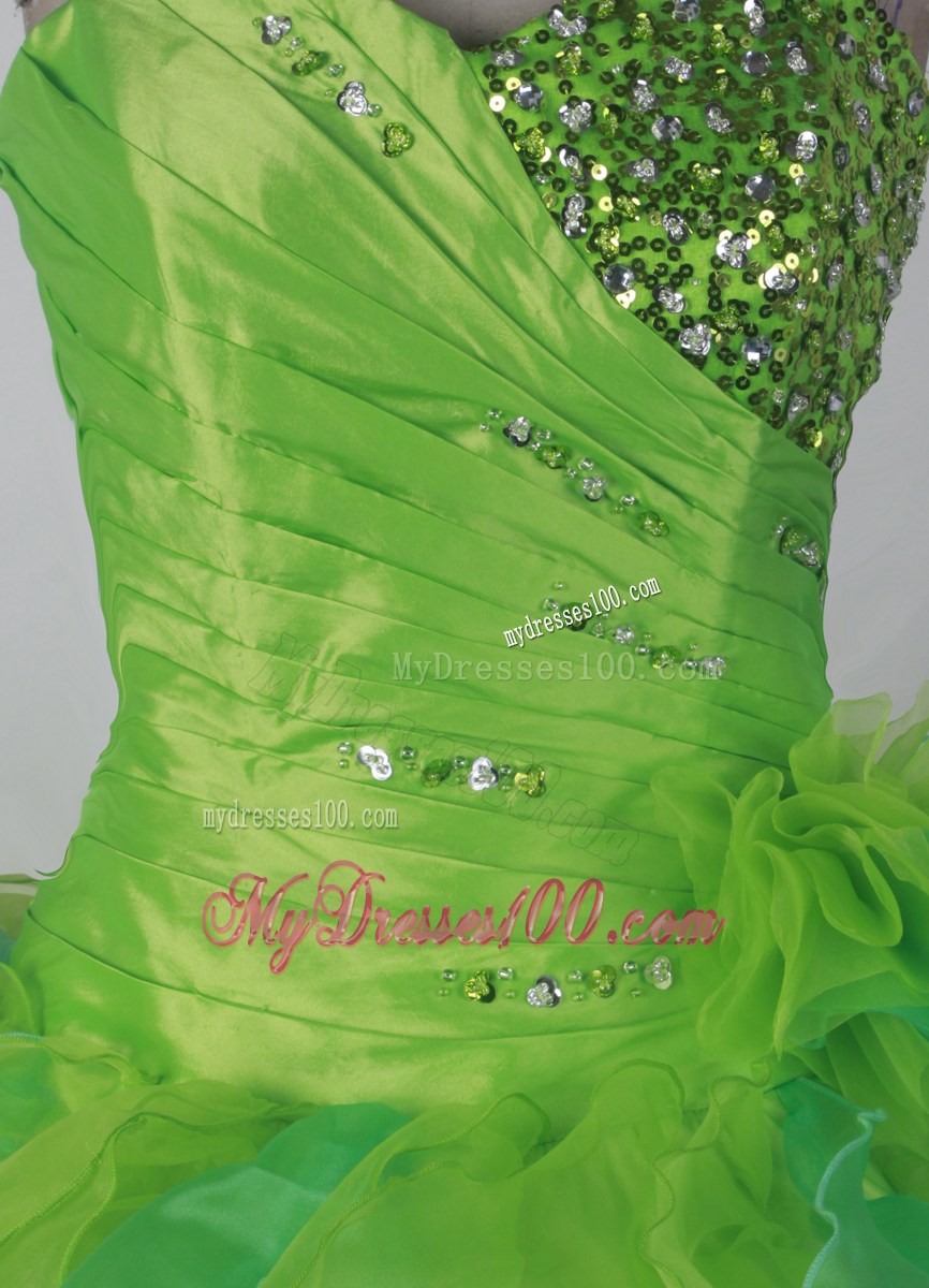 Two-toned Green Quinceanera Dress with Diagonal Ruches and Ruffles