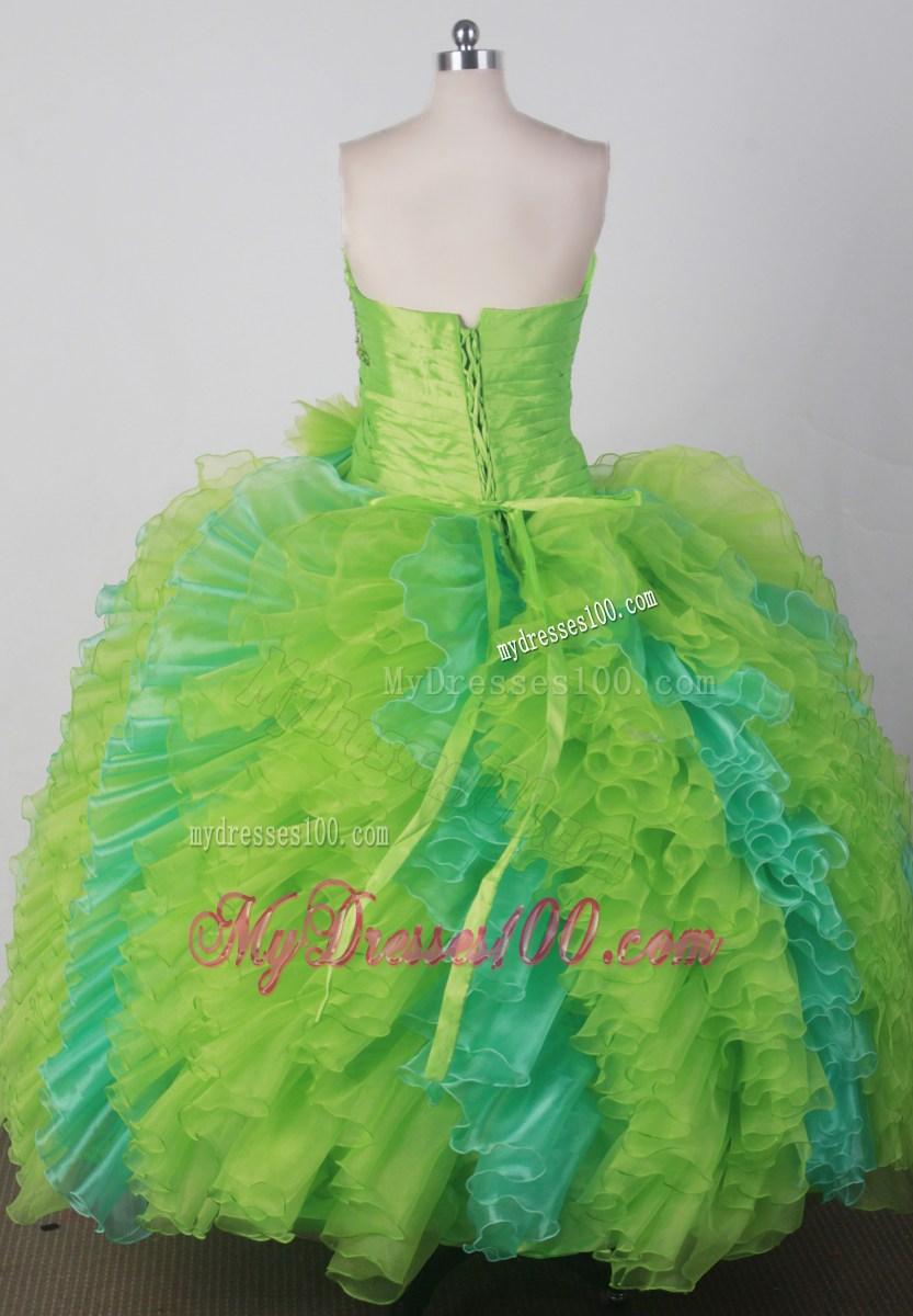 Two-toned Green Quinceanera Dress with Diagonal Ruches and Ruffles
