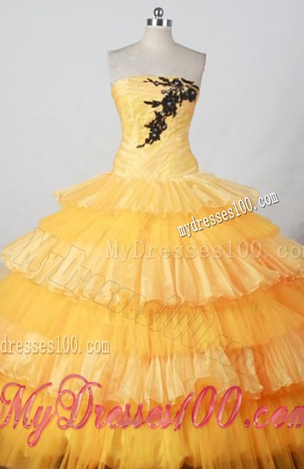 Outstanding Gold Tiers of Ruffles Quinceanera Dresses with Black Appliques