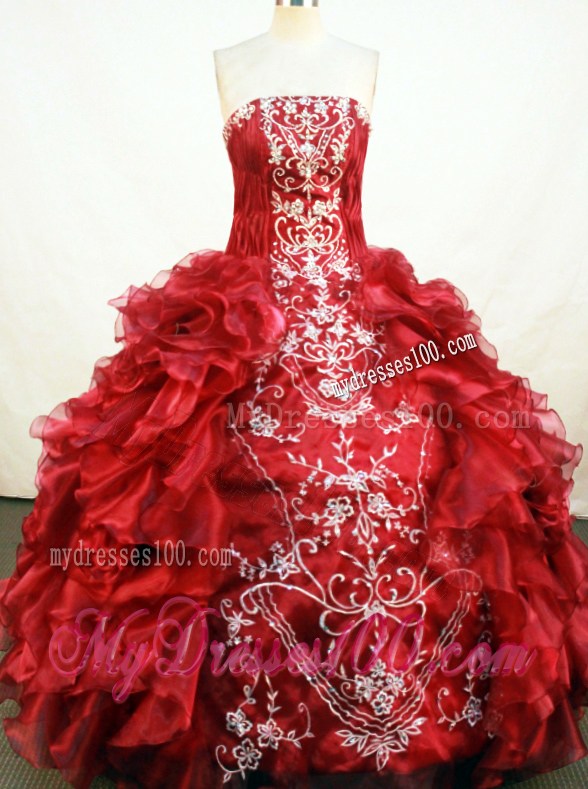 Strapless Ball Gown Red Ruffled Dresses For a Quinceanera with Embroidery