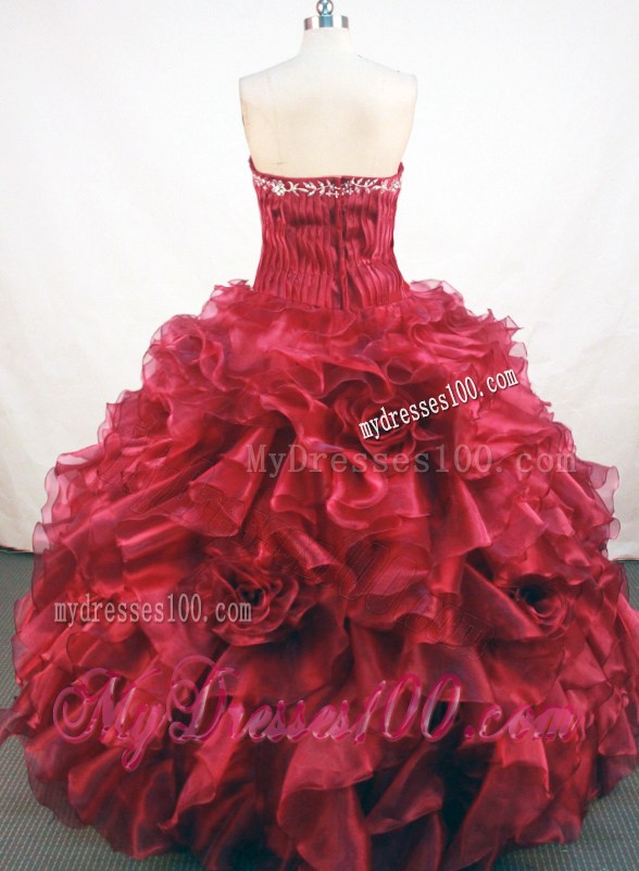 Strapless Ball Gown Red Ruffled Dresses For a Quinceanera with Embroidery