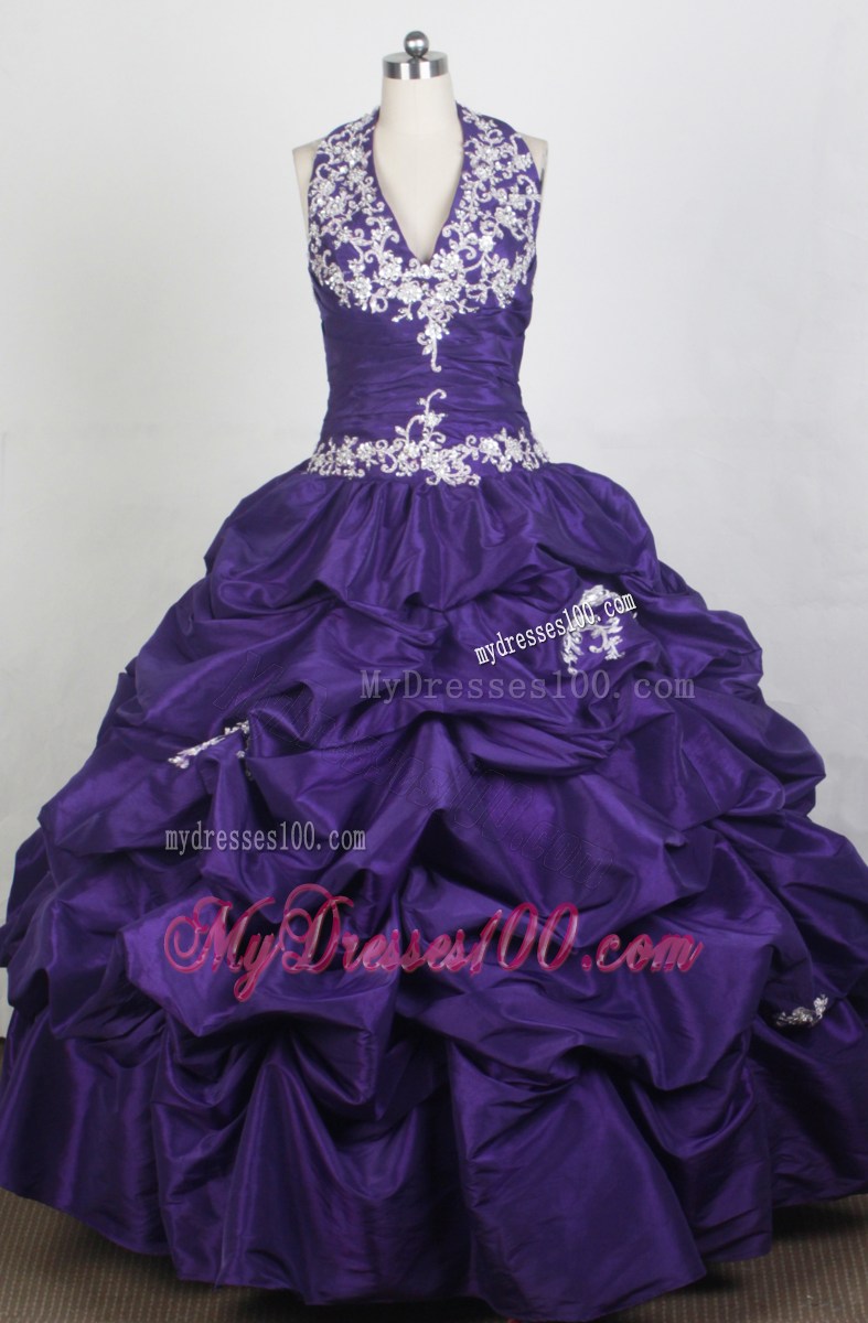 Halter Ruffled Dark Purple Dress for Quinceanera with Beaded Appliques