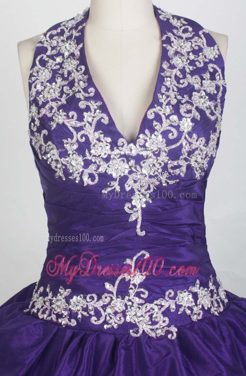 Halter Ruffled Dark Purple Dress for Quinceanera with Beaded Appliques