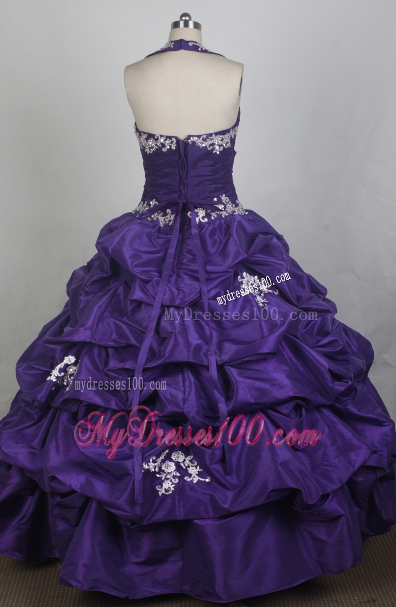 Halter Ruffled Dark Purple Dress for Quinceanera with Beaded Appliques
