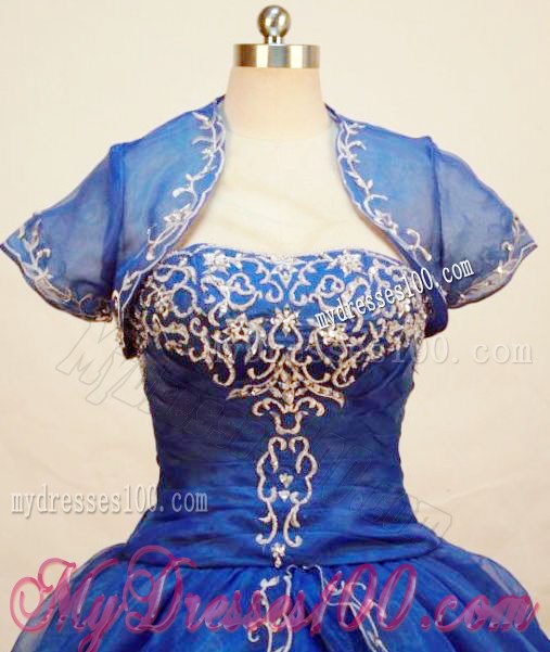 Blue Strapless Floor-length Organza Embroidery Quinceane with Jacket