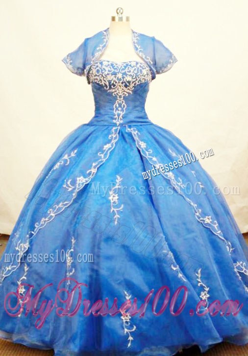 Blue Strapless Floor-length Organza Embroidery Quinceane with Jacket
