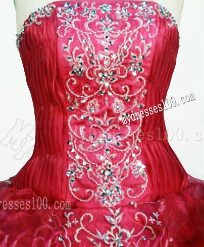 Gorgeous Strapless Beaded Bust Red Ruffled Quinceanera Dress