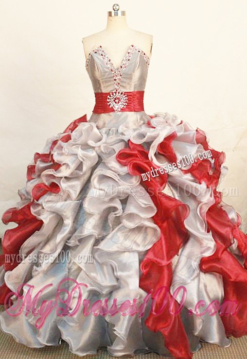Gorgeous Beading Decorate Silver and Red Quinceanera Gown