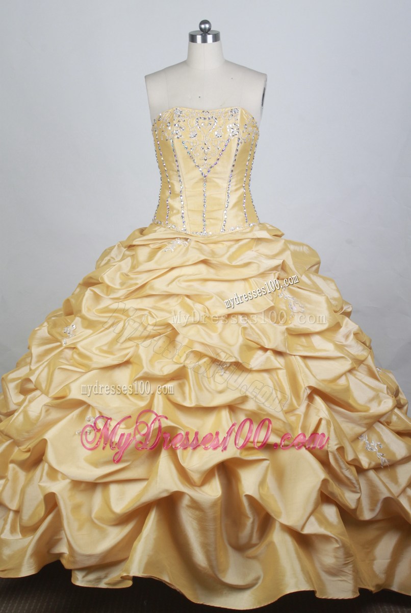 Beading Decorate Bodice Yellow Quinceanera Dress with Pick-ups