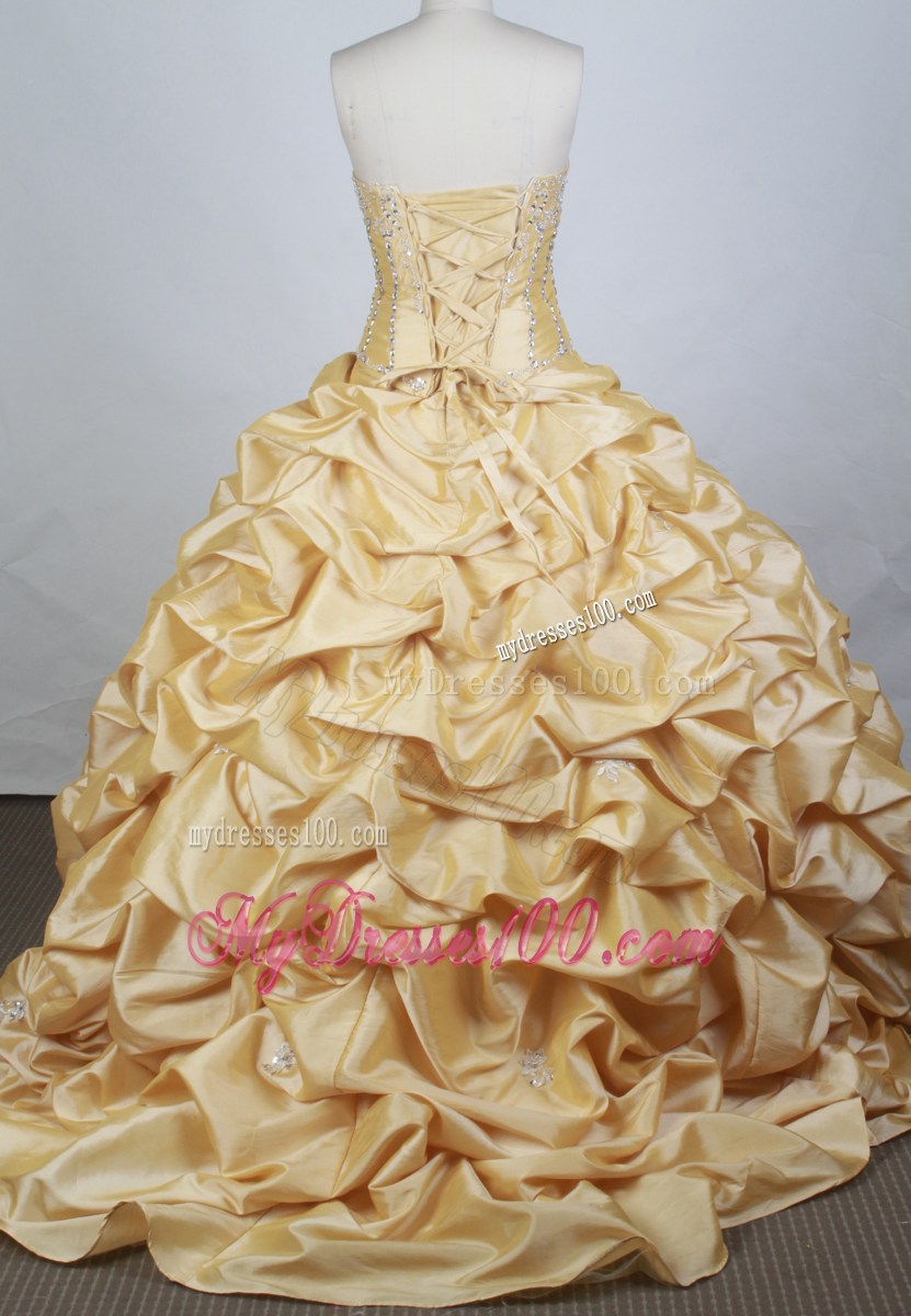 Beading Decorate Bodice Yellow Quinceanera Dress with Pick-ups
