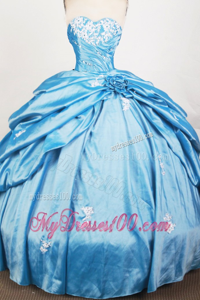 Detachable Hand-Made Flowers Pick-ups Blue Dress for Quinceanera