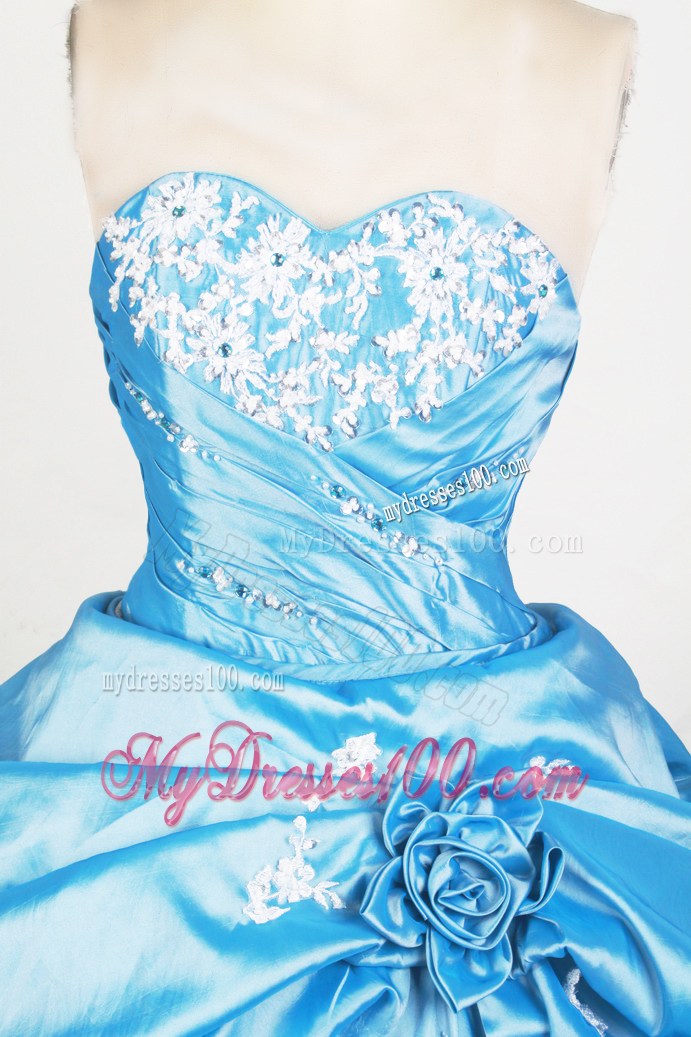 Detachable Hand-Made Flowers Pick-ups Blue Dress for Quinceanera