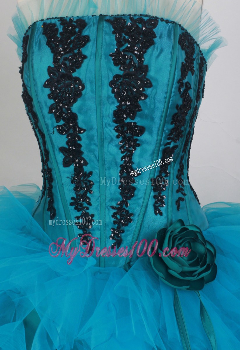 Appliqued Blue and Black Organza Quinceanera Gown with Frilly Ruffles