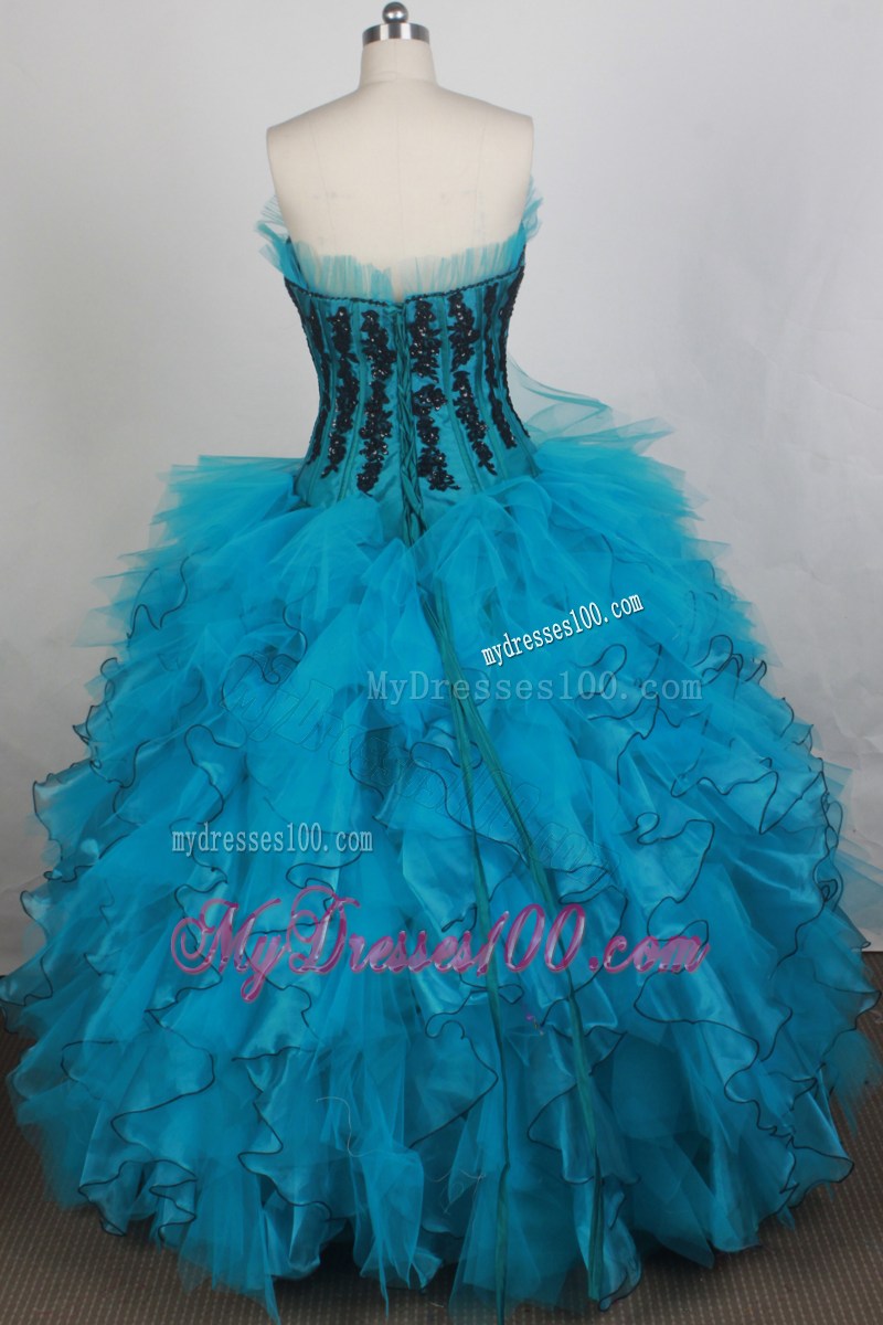 Appliqued Blue and Black Organza Quinceanera Gown with Frilly Ruffles