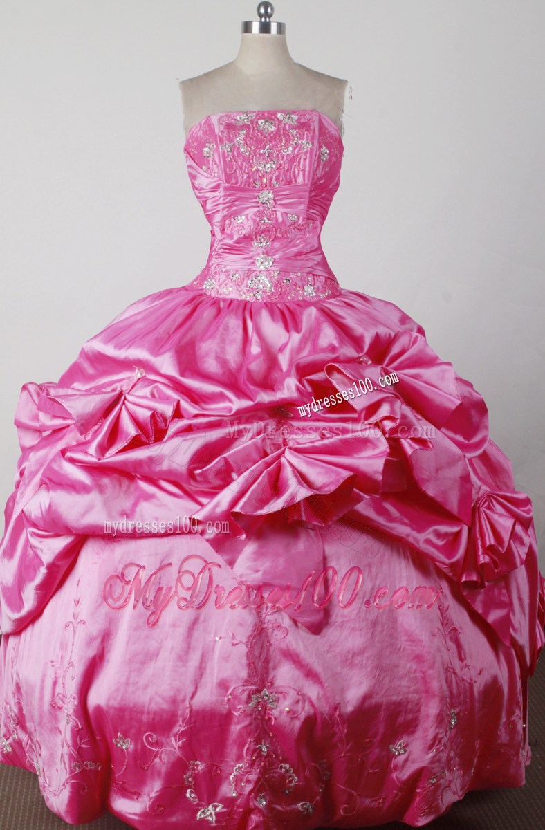 Hot Pink Quinceanera Dress with Pick-ups and Embroidery Hemline