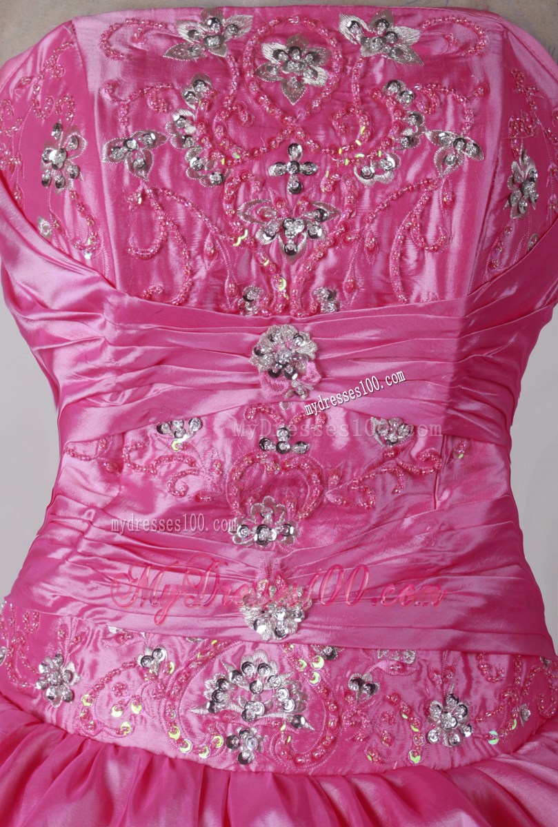 Hot Pink Quinceanera Dress with Pick-ups and Embroidery Hemline