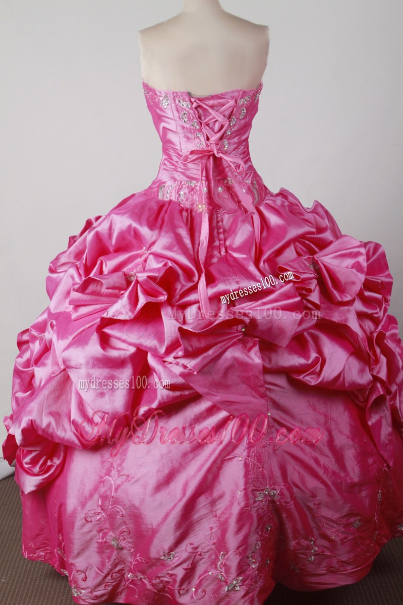 Hot Pink Quinceanera Dress with Pick-ups and Embroidery Hemline