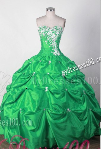 Green Quinceanera Dress with Beaded Embroidery and Pick-ups