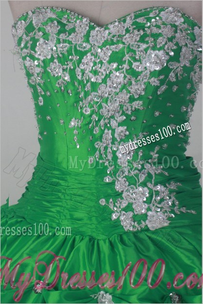 Green Quinceanera Dress with Beaded Embroidery and Pick-ups