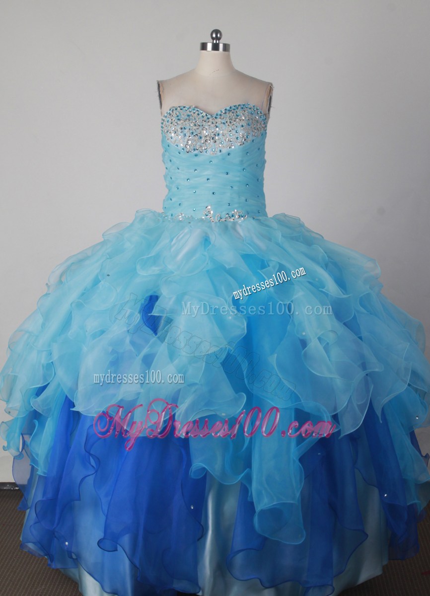 Blue Strapless Beaded Organza Ruffles Cheap Popular Quinceanera Dresses