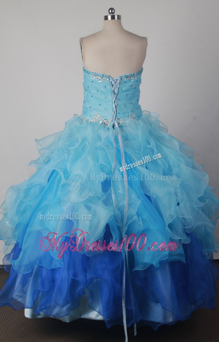 Blue Strapless Beaded Organza Ruffles Cheap Popular Quinceanera Dresses