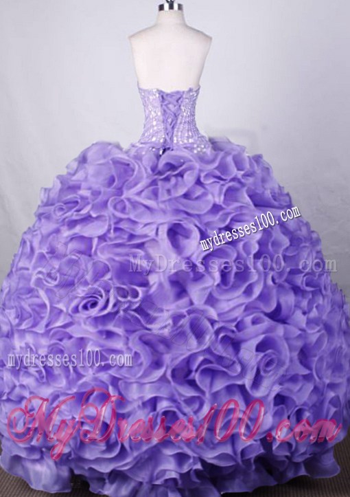 Luxurious Lilac Strapless Beaded Rolling Flowers Sweet 15 Dress