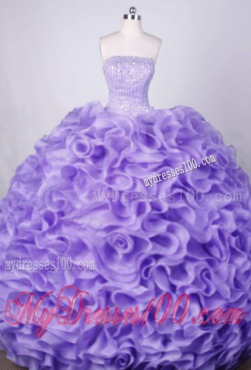 Luxurious Lilac Strapless Beaded Rolling Flowers Sweet 15 Dress