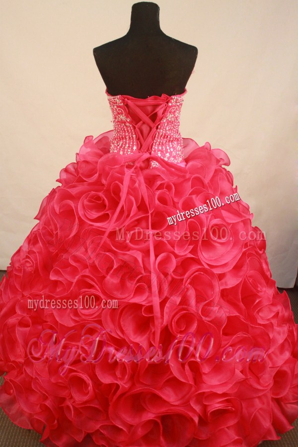 Watermelon Red Beaded Ball Gown Quinceanera Dress with Rolling Flowers