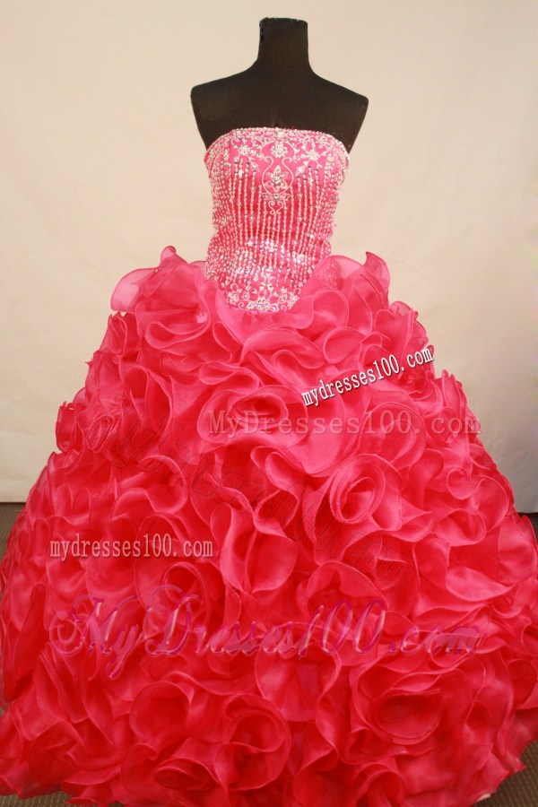 Watermelon Red Beaded Ball Gown Quinceanera Dress with Rolling Flowers