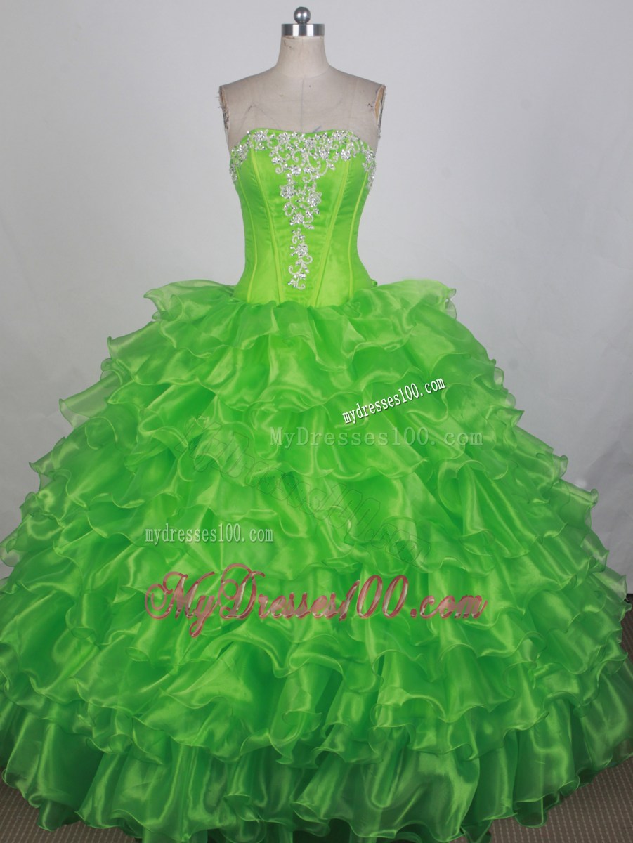 Appliques and Ruffled Layers Decorate Quinceanera Dress in Spring Green